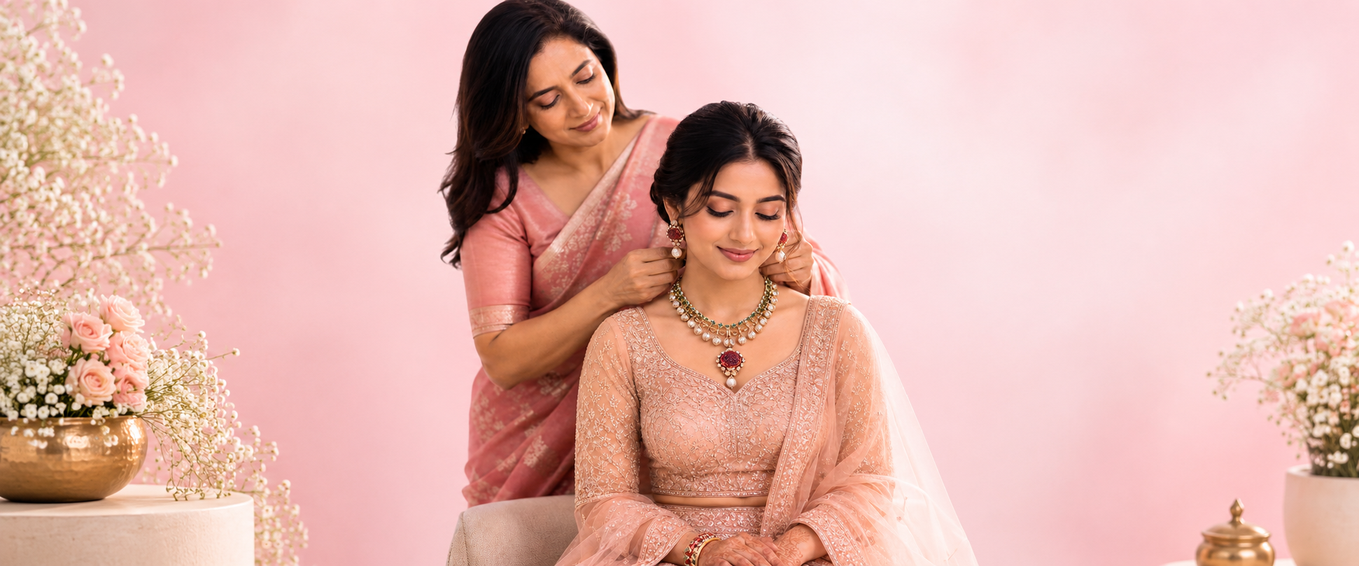 A mother adorning her daughter with a Kothari Kundan necklace