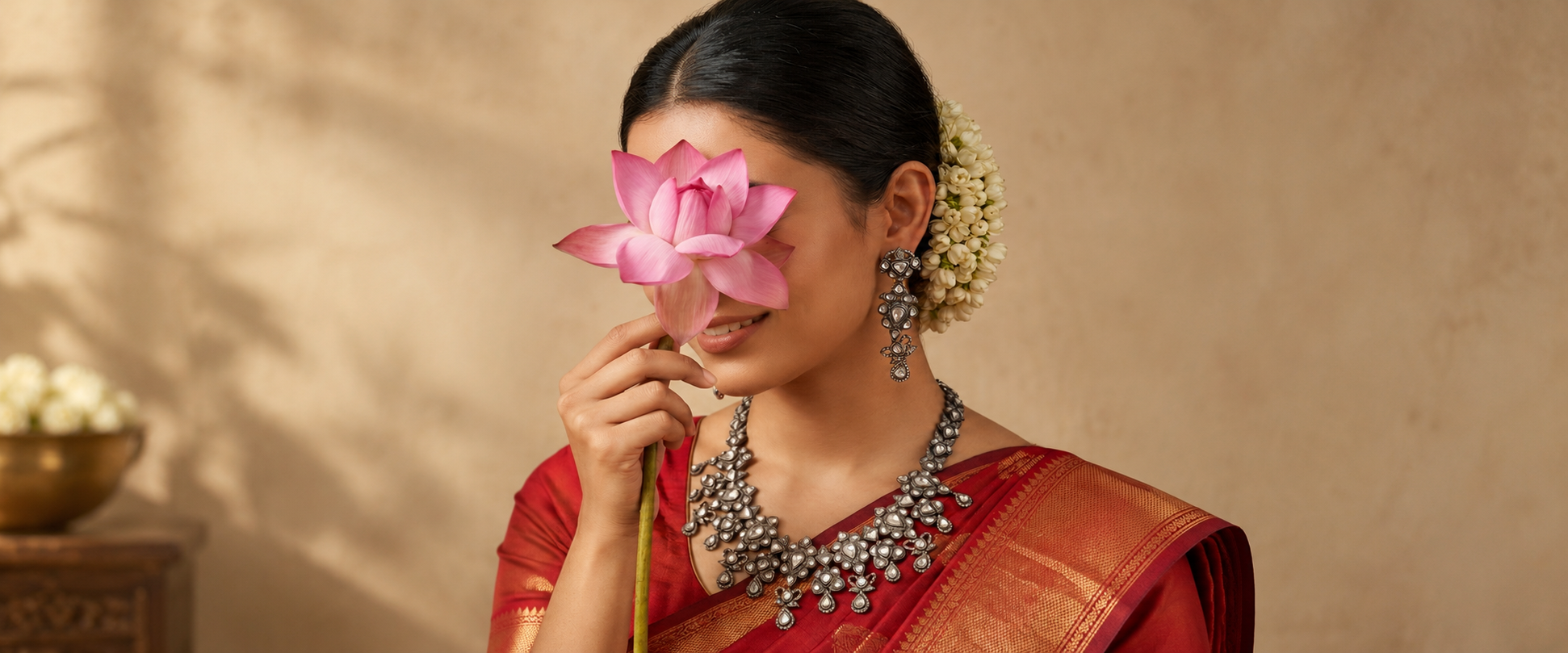 A bride in a red saree with Polki jewellery, holding a pink lotus