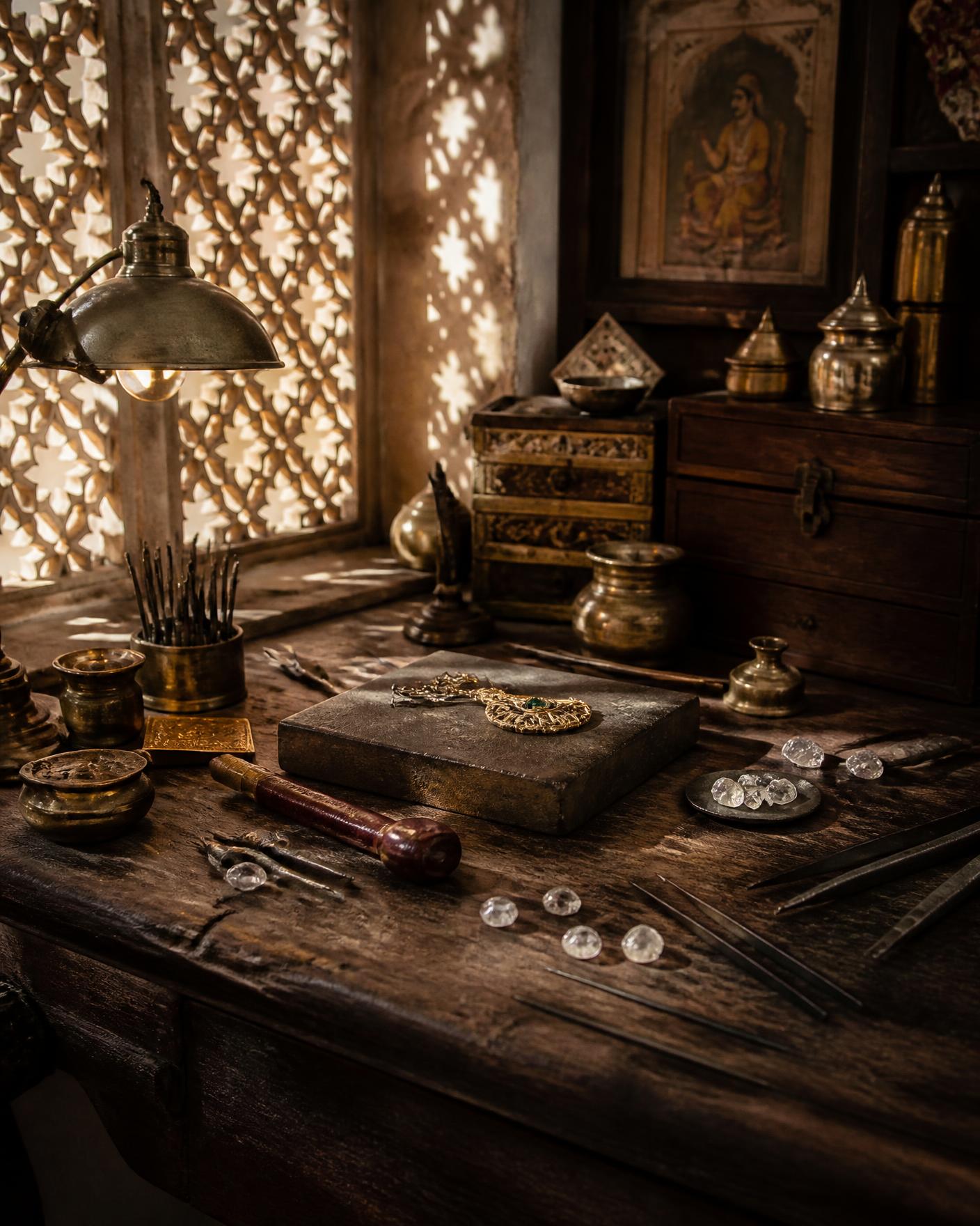 An antique Jaipur goldsmith's workbench with brass tools and uncut stones