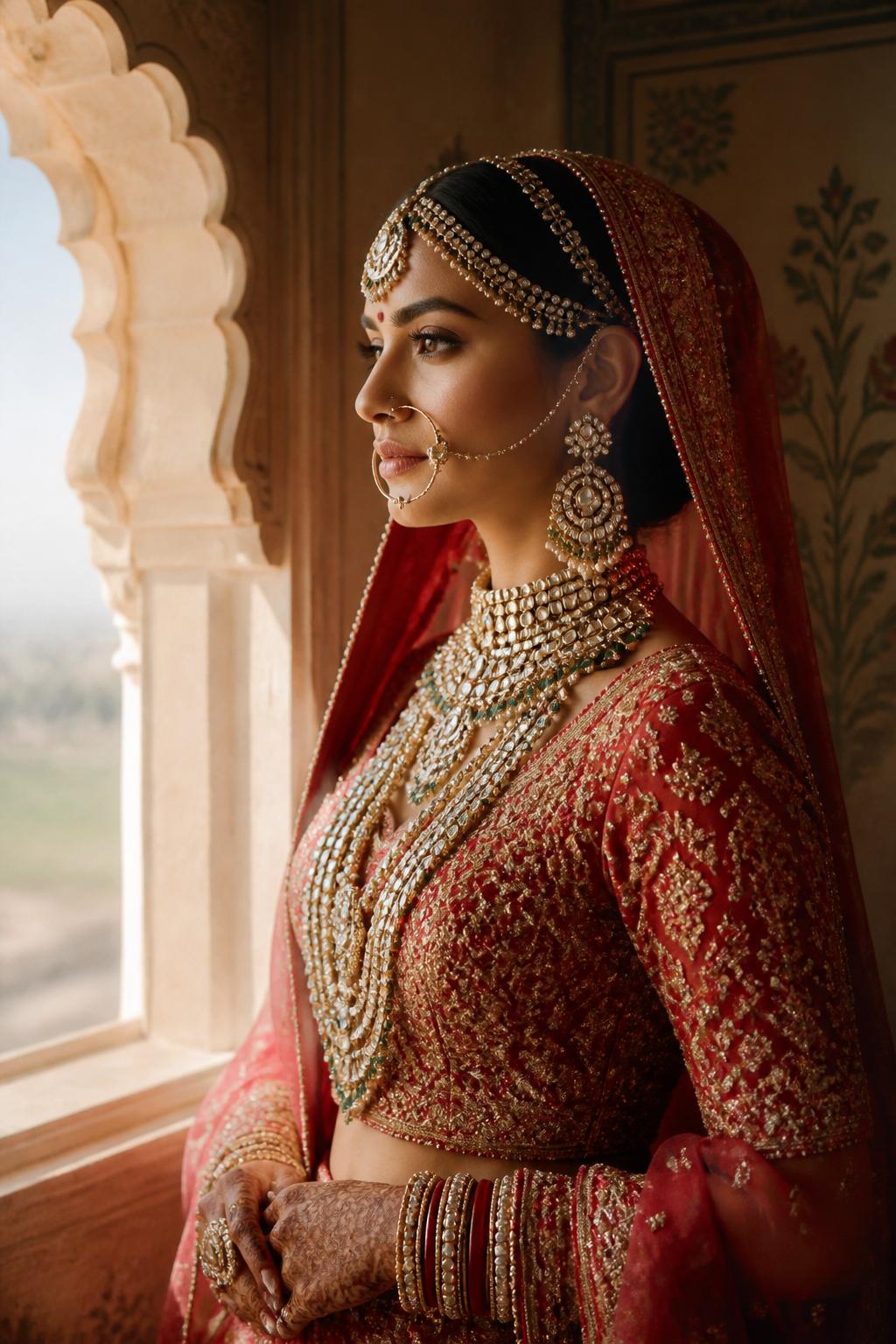 A Kothari bride in heritage Kundan jewellery, framed by a sandstone jharokha