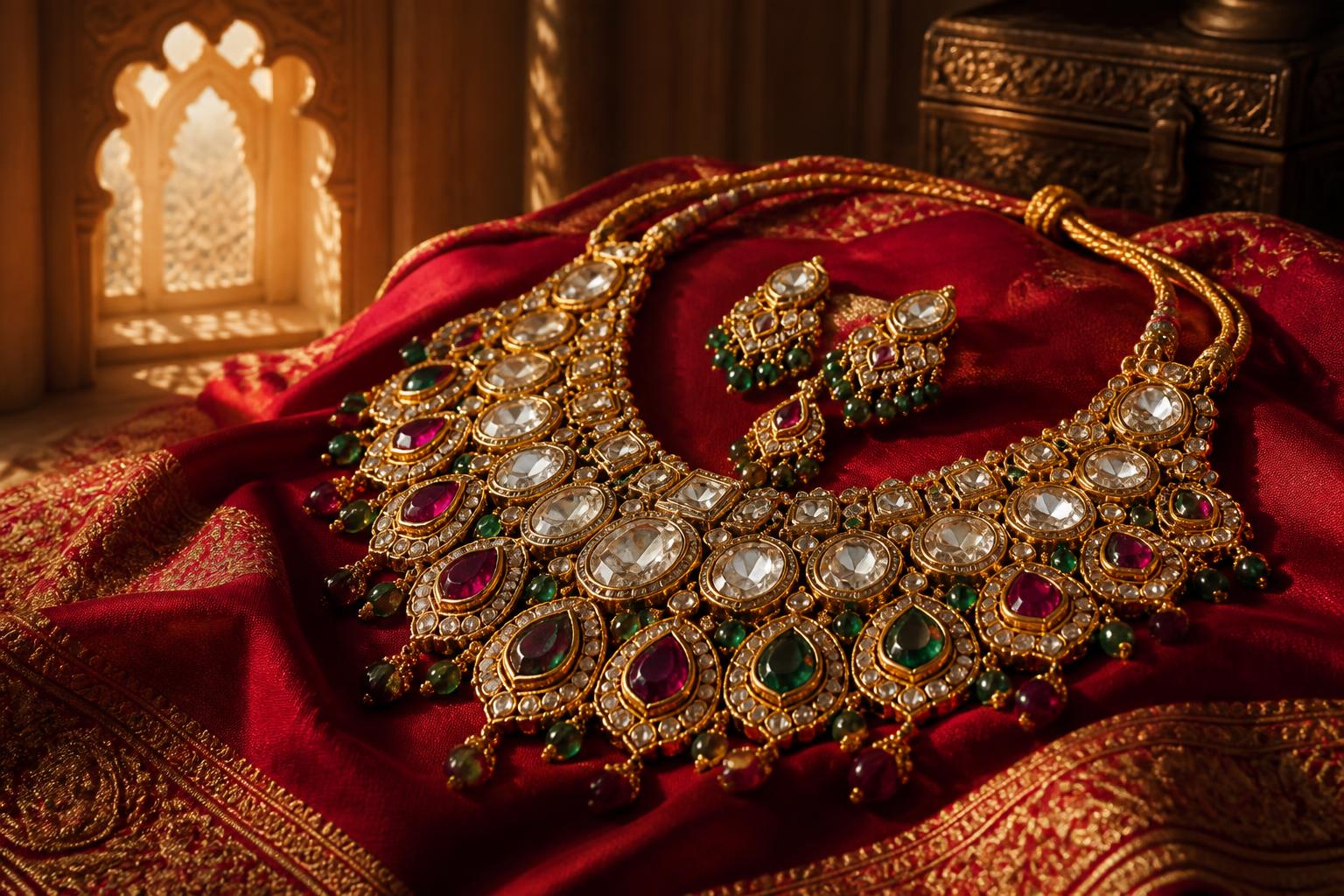Kothari Jewels — Kundan and Polki bridal necklace on crimson silk in palace light