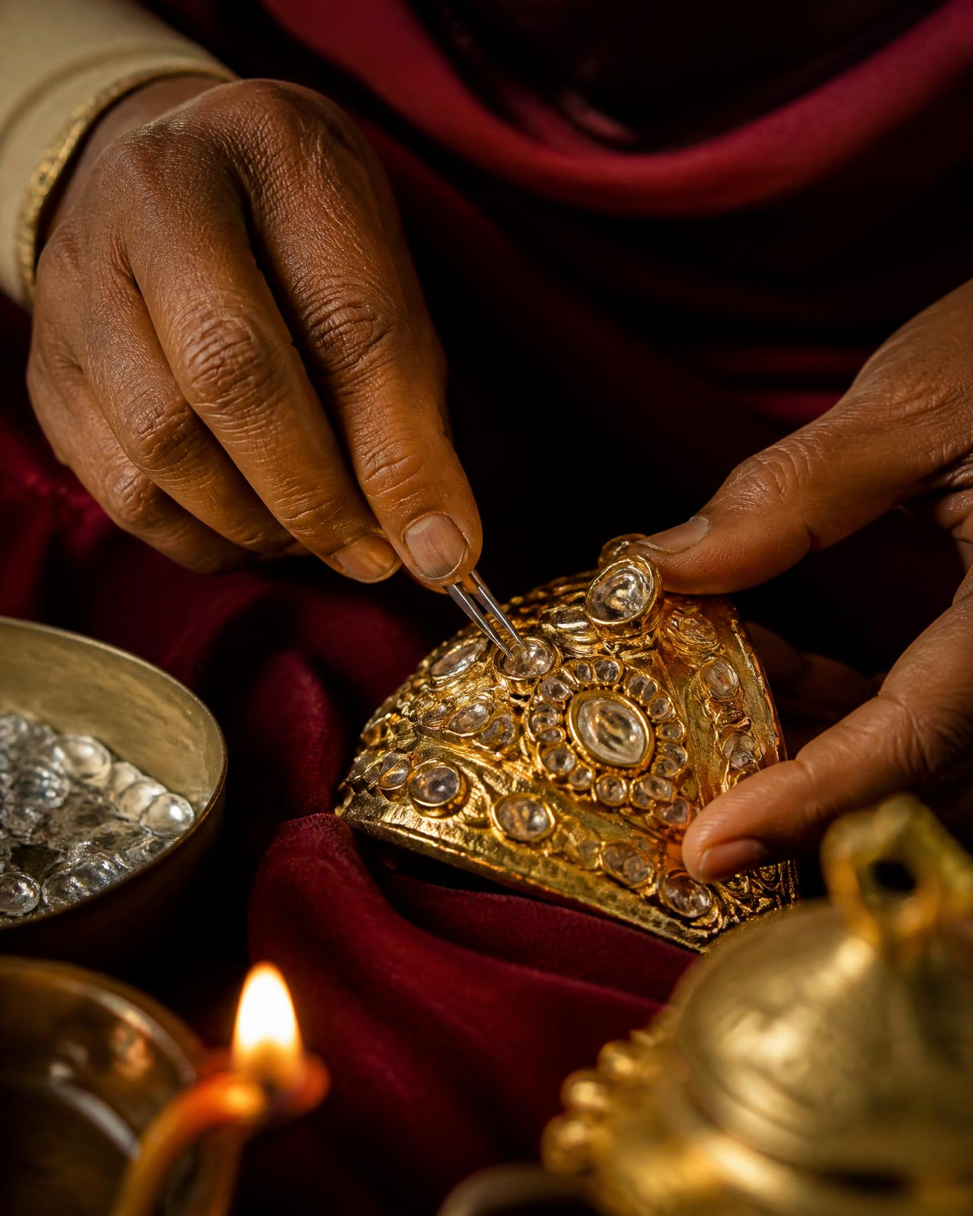 A master karigar setting kundan stones into gold by candlelight